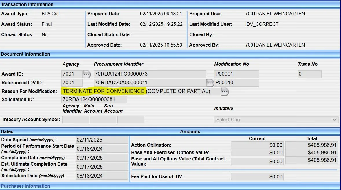 The fourth document released by the United States' Department of Government Efficiency (DOGE), showing the termination of a $405,000 contract by the United States Department of Homeland Security for "resilience, energy, and sustainability management program support services". This document was relea