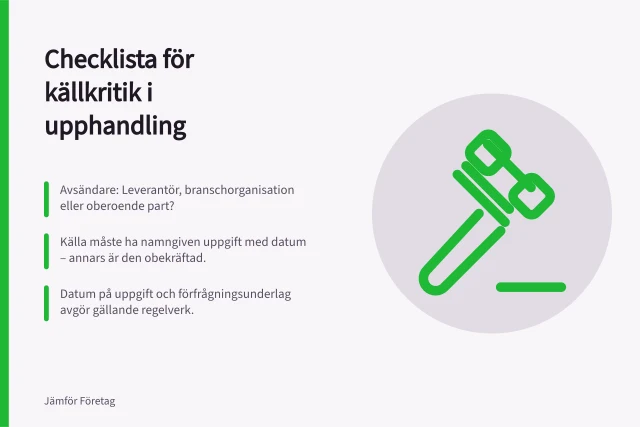 Checklista för källkritik i upphandling: Avsändare: Leverantör, branschorganisation eller oberoende part?; Källa måste ha namngiven uppgift med datum – annars är den obekräftad.; Datum på uppgift och förfrågningsunderlag avgör gällande regelverk. Checklista för källkritik vid leverantörsjämförelser